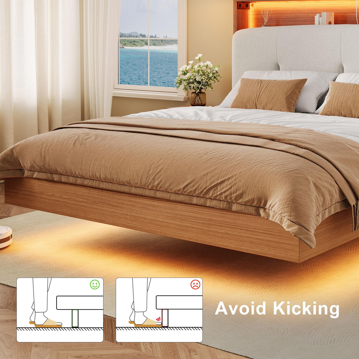 Full Size Floating Bed Frame with LED Light and Charging Station K406529