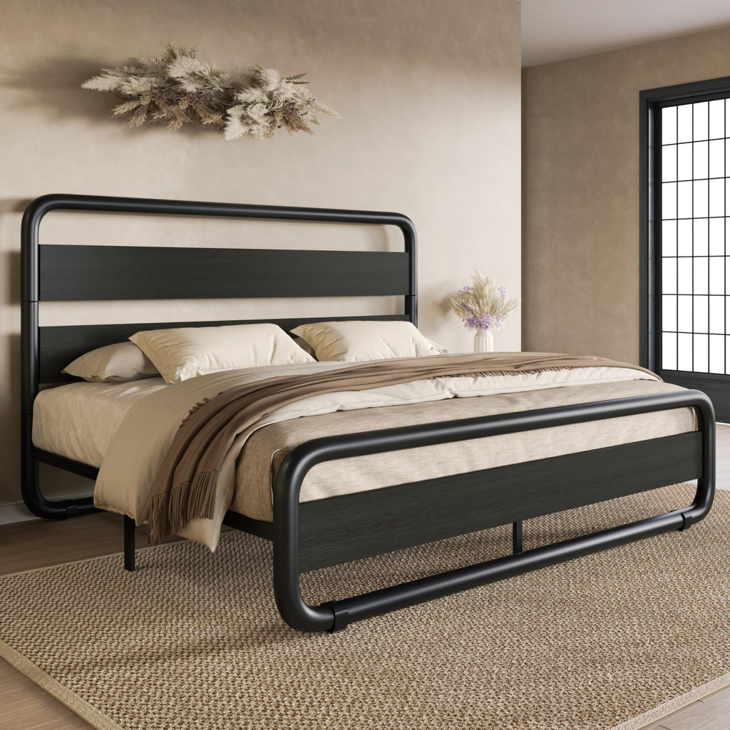 Full Size Metal Bed Frame with Wooden Headboard Y96252