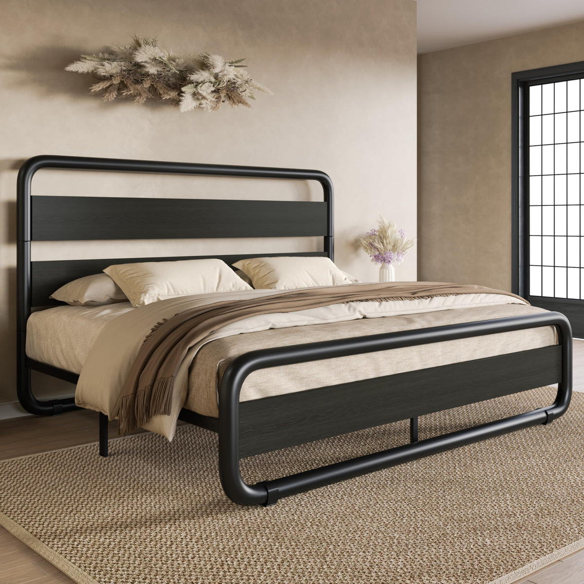 Full Size Metal Bed Frame with Wooden Headboard Y96252