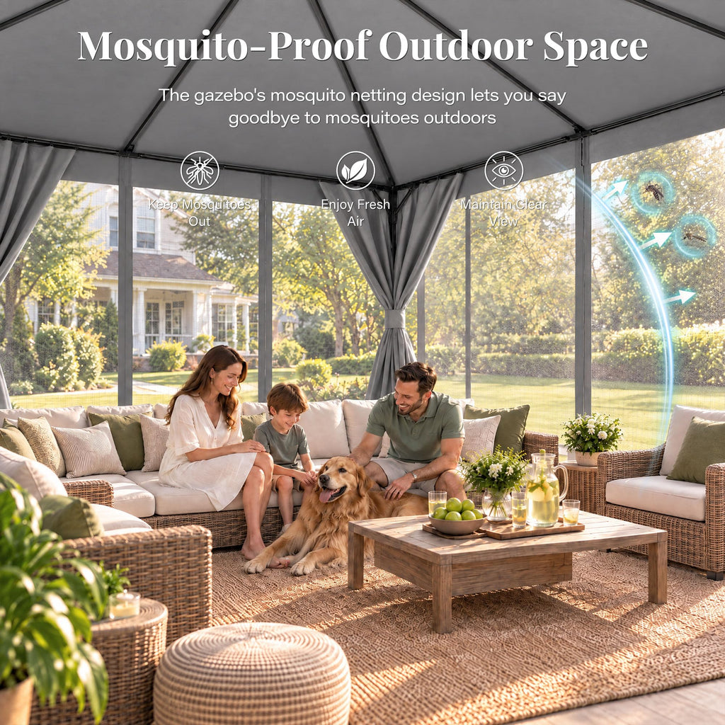 12x12 Gazebo Canopy with Netting, Curtains & Double Roof Q66829