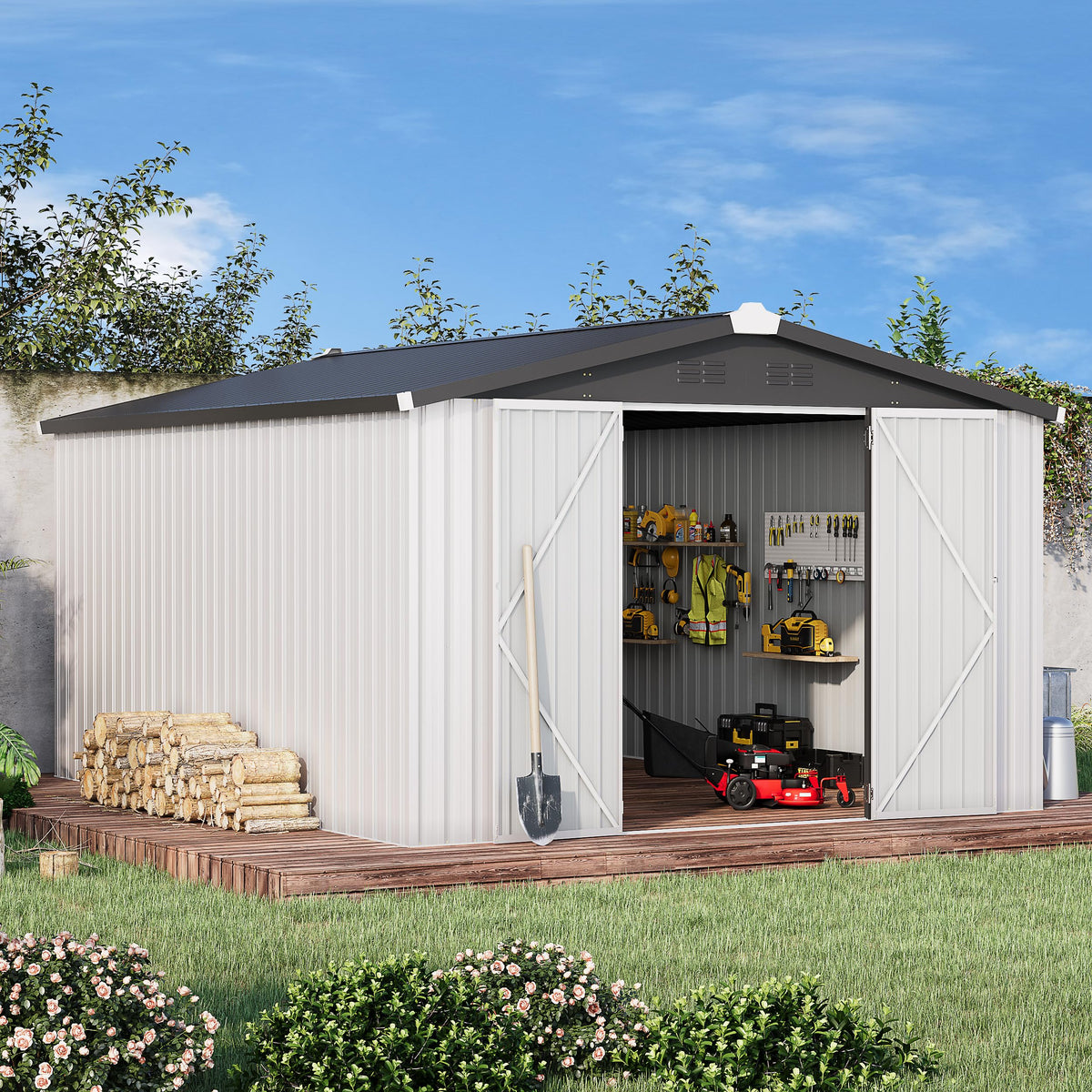 10' x 14' White Waterproof Metal Outdoor Storage Shed V88256